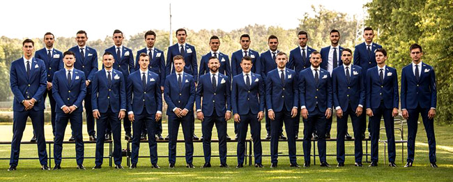 Romanian football team dressed in tailored suits by Viggo and Dormeuil for UEFA Euro 2016