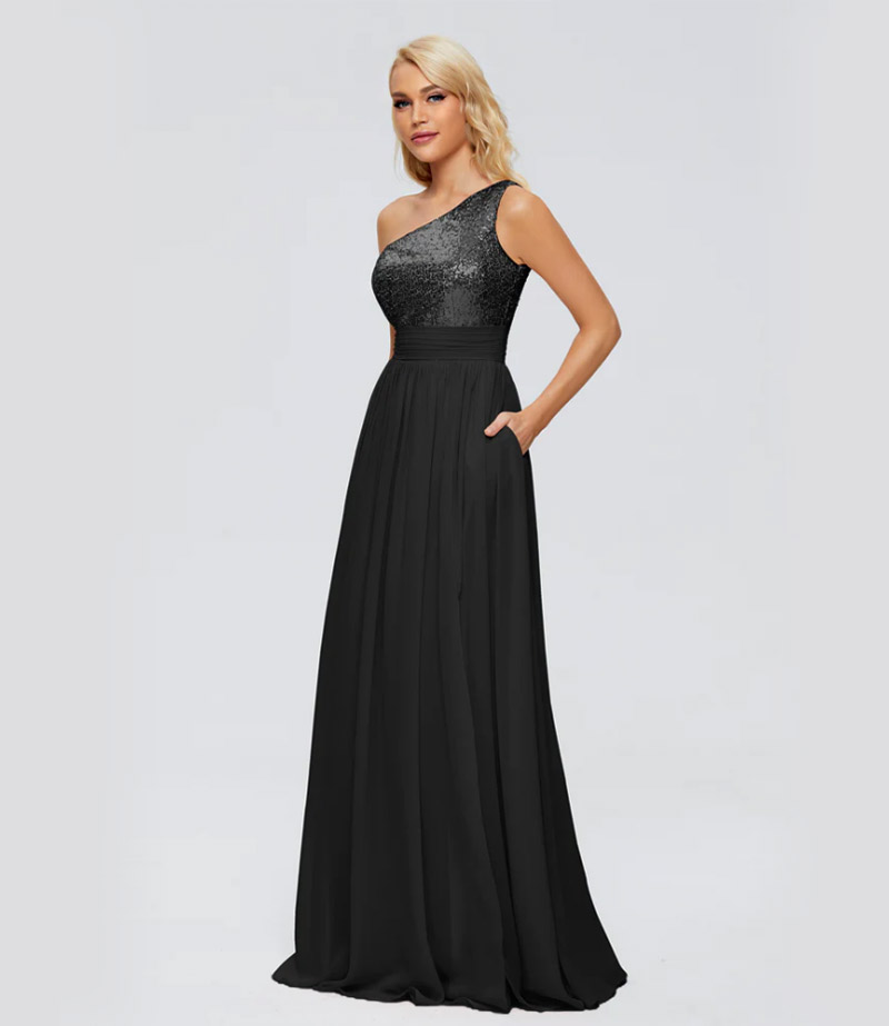 alyssa column v back sequins Black prom dresses